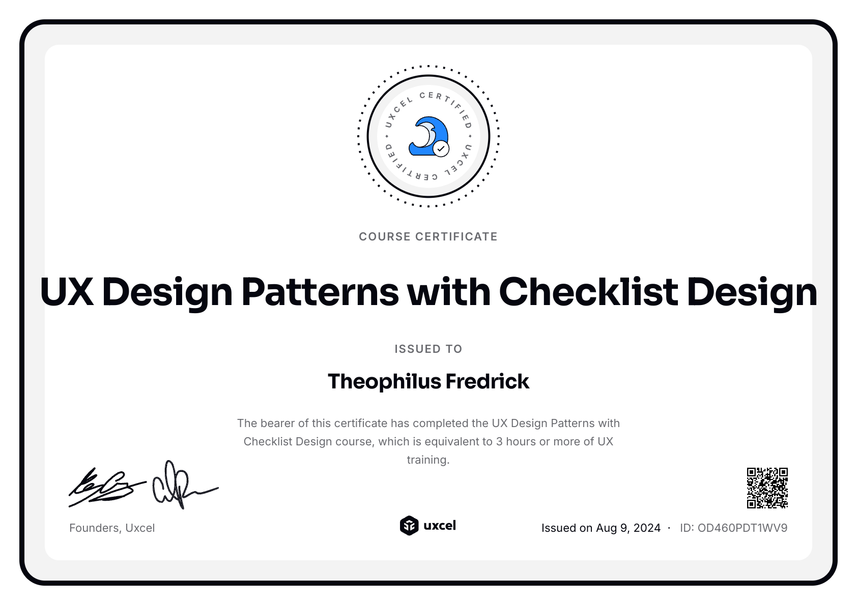 Theophilus Fredrick's certificate